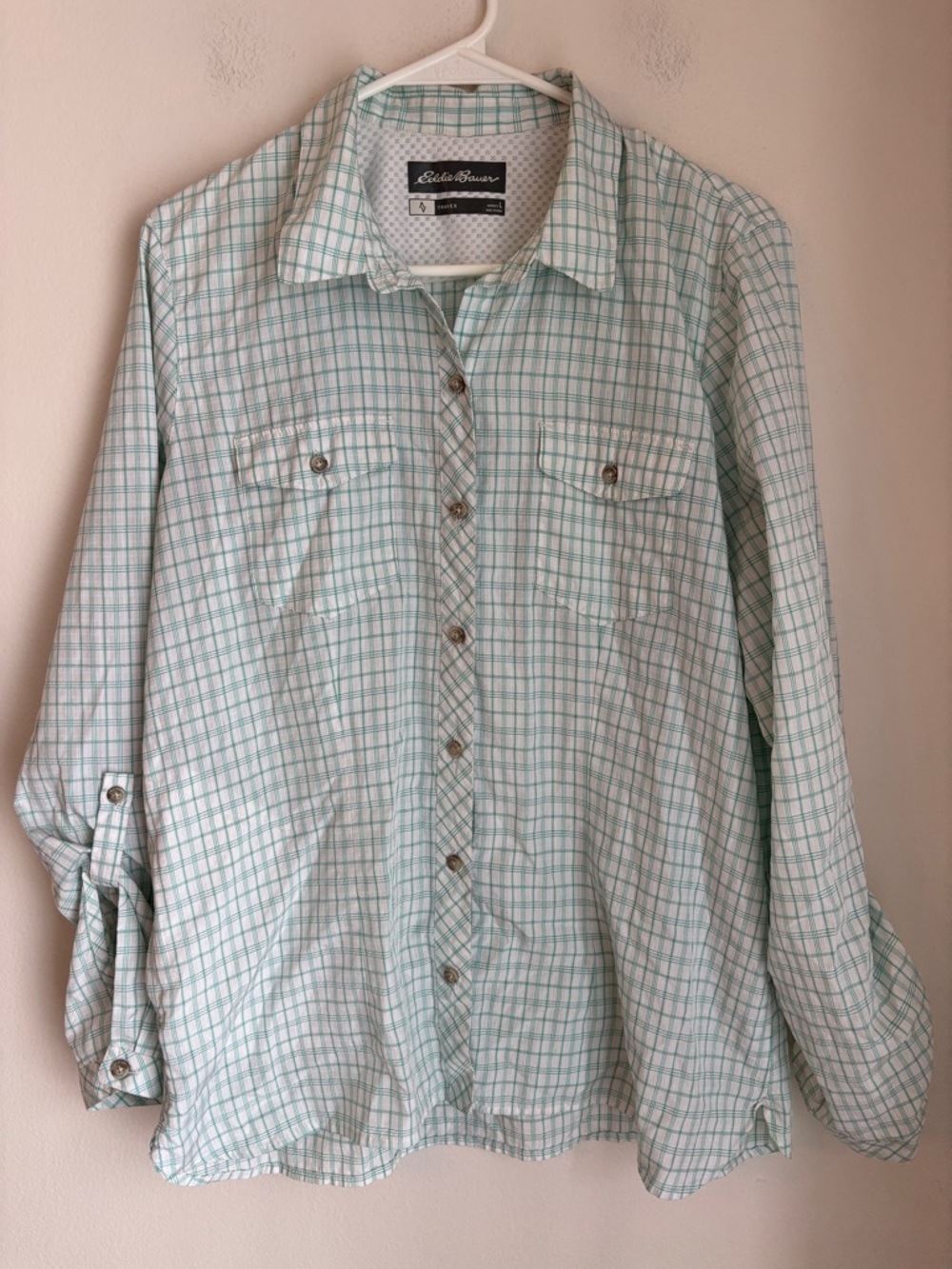 Eddie Bauer women’s travex Plaid teal Button-Up Shirt breathable hiking shirt LG